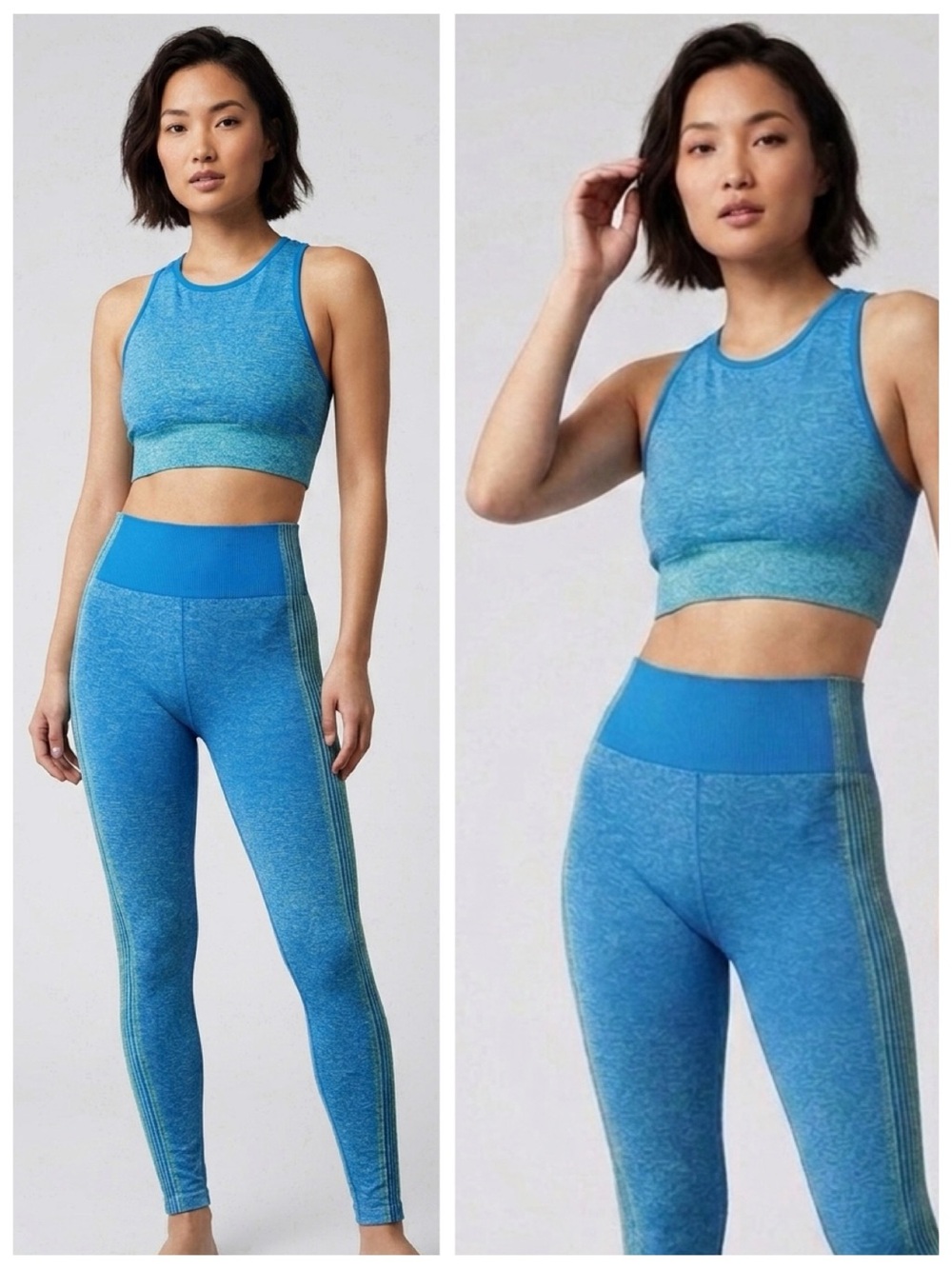 Fabletics Ombre Seamless Active Top & Leggings Set, Lake Teal & Faded Lime sz. S